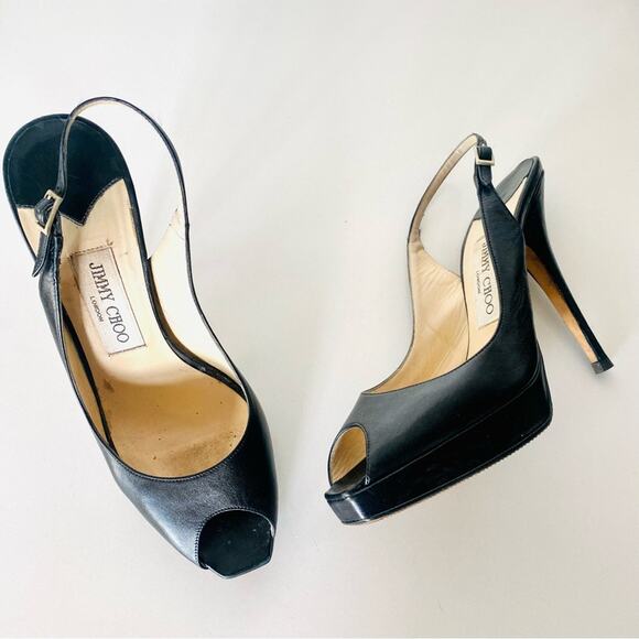 JIMMY CHOO Classic Black Leather Open Peep Toe Heeled Slingback Sandals Shoes 38 - Picture 5 of 16
